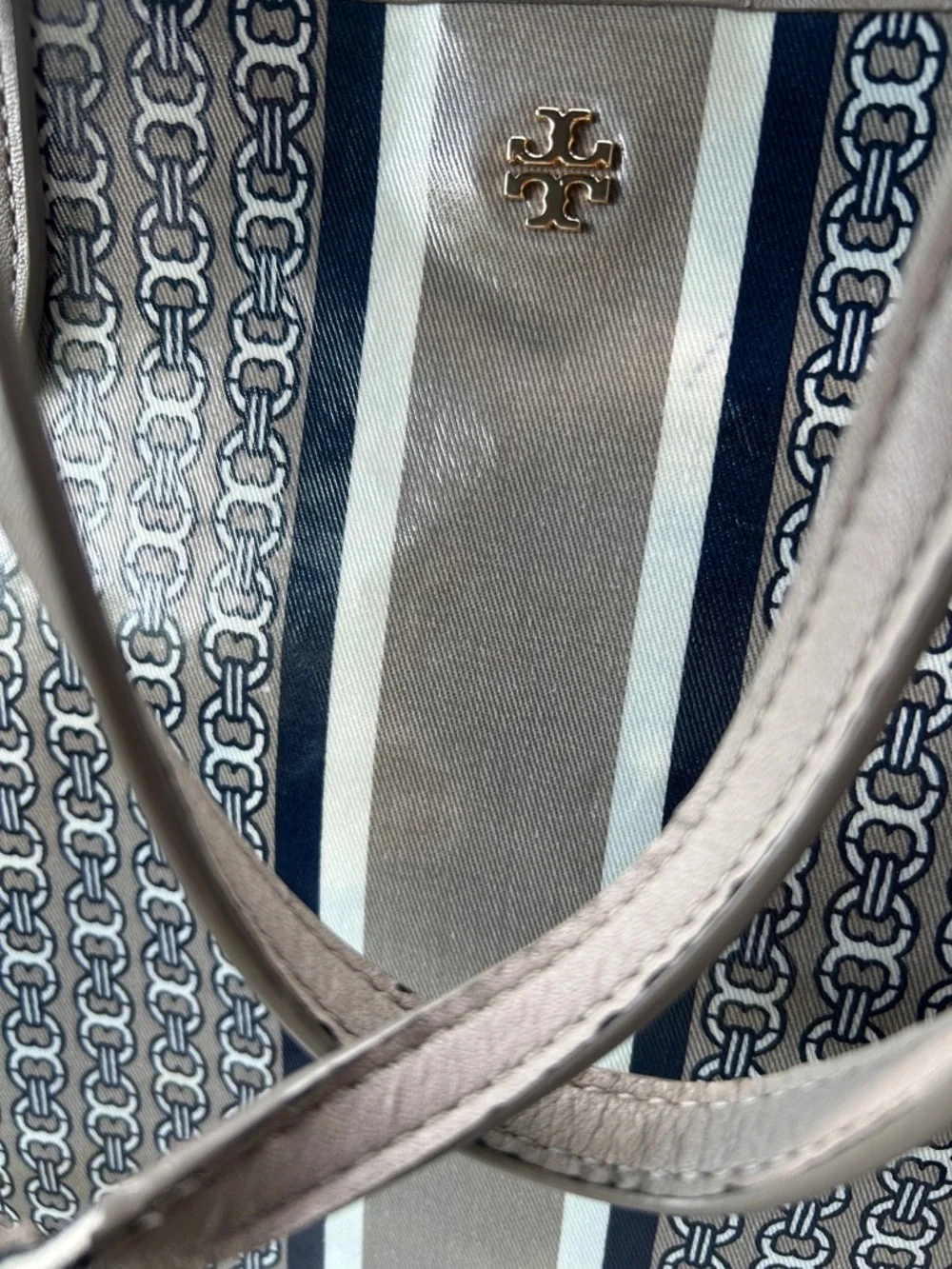 Tory Burch Taupe and Navy Monogram Stripe Tote - Picture 5 of 7